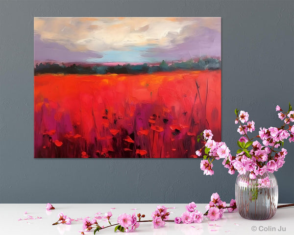 Simple Modern Art, Original Landscape Painting, Landscape Paintings for Living Room, Poppy Filed Canvas Paintings, Large Wall Art Paintings-Grace Painting Crafts