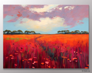 Acrylic Abstract Art, Landscape Canvas Paintings, Red Poppy Flower Field Painting, Landscape Acrylic Painting, Living Room Wall Art Paintings-Grace Painting Crafts