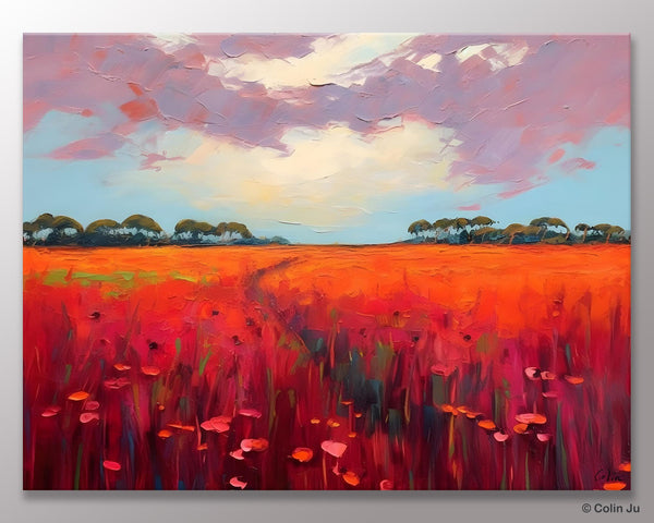 Acrylic Abstract Art, Landscape Canvas Paintings, Red Poppy Flower Field Painting, Landscape Acrylic Painting, Living Room Wall Art Paintings-Grace Painting Crafts