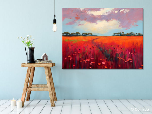 Acrylic Abstract Art, Landscape Canvas Paintings, Red Poppy Flower Field Painting, Landscape Acrylic Painting, Living Room Wall Art Paintings-Grace Painting Crafts