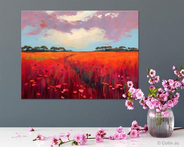 Acrylic Abstract Art, Landscape Canvas Paintings, Red Poppy Flower Field Painting, Landscape Acrylic Painting, Living Room Wall Art Paintings-Grace Painting Crafts