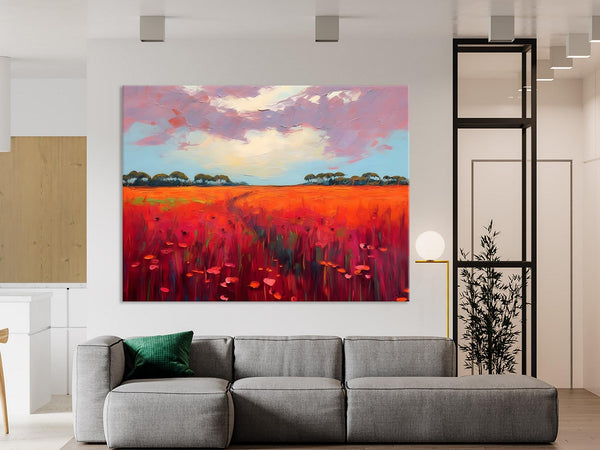 Acrylic Abstract Art, Landscape Canvas Paintings, Red Poppy Flower Field Painting, Landscape Acrylic Painting, Living Room Wall Art Paintings-Grace Painting Crafts