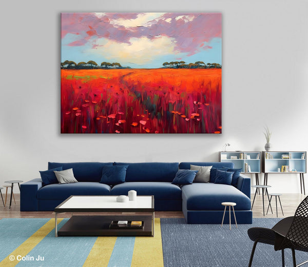 Acrylic Abstract Art, Landscape Canvas Paintings, Red Poppy Flower Field Painting, Landscape Acrylic Painting, Living Room Wall Art Paintings-Grace Painting Crafts