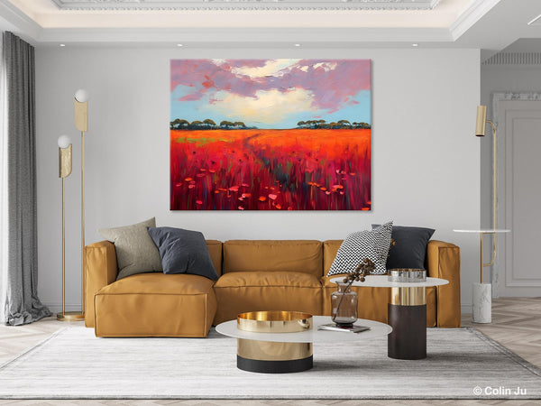 Acrylic Abstract Art, Landscape Canvas Paintings, Red Poppy Flower Field Painting, Landscape Acrylic Painting, Living Room Wall Art Paintings-Grace Painting Crafts