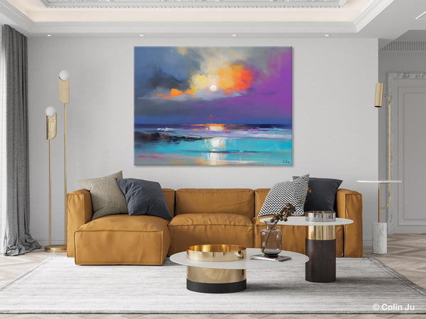 Landscape Painting on Canvas, Hand Painted Canvas Art, Moon Rising from Sea, Contemporary Wall Art Paintings, Extra Large Original Art-Grace Painting Crafts