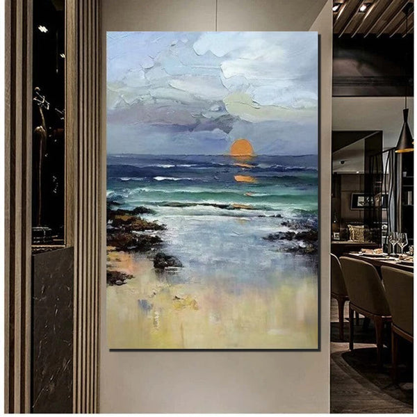 Contemporary Abstract Art for Dining Room, Seashore Sunrise Paintings, Living Room Canvas Art Ideas, Large Landscape Painting, Simple Modern Art-Grace Painting Crafts