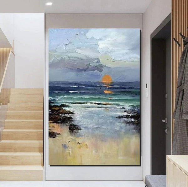 Contemporary Abstract Art for Dining Room, Seashore Sunrise Paintings, Living Room Canvas Art Ideas, Large Landscape Painting, Simple Modern Art-Grace Painting Crafts