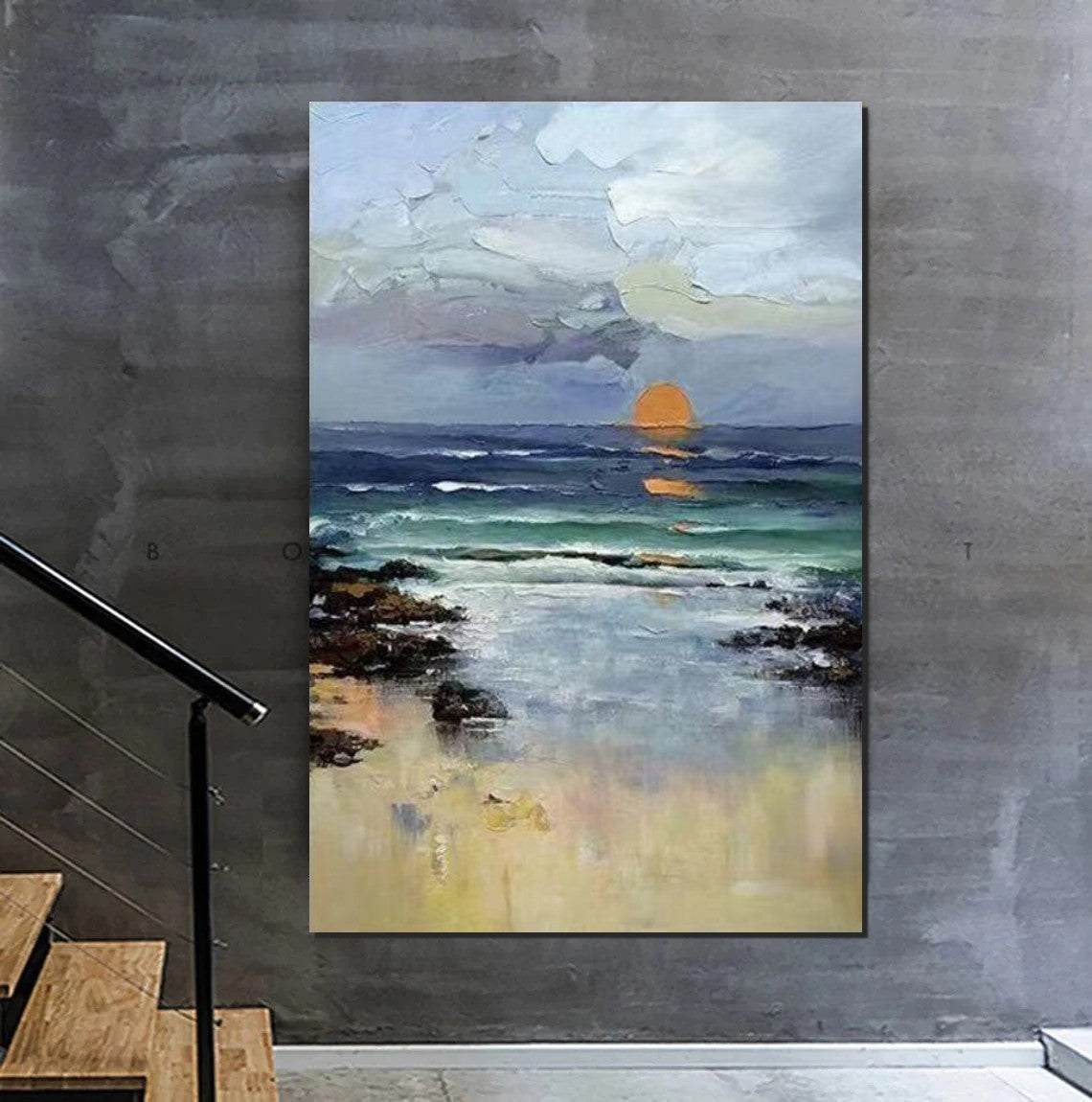 Contemporary Abstract Art for Dining Room, Seashore Sunrise Paintings, Living Room Canvas Art Ideas, Large Landscape Painting, Simple Modern Art-Grace Painting Crafts