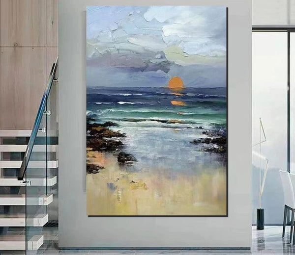 Contemporary Abstract Art for Dining Room, Seashore Sunrise Paintings, Living Room Canvas Art Ideas, Large Landscape Painting, Simple Modern Art-Grace Painting Crafts