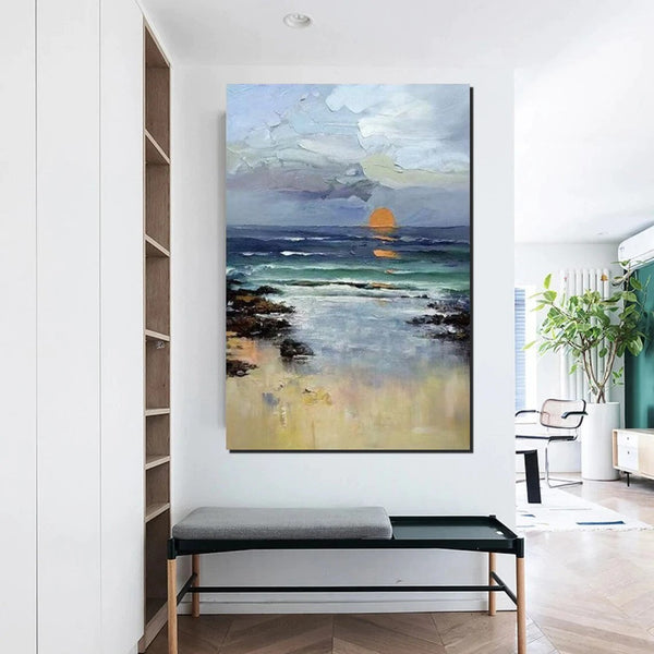 Contemporary Abstract Art for Dining Room, Seashore Sunrise Paintings, Living Room Canvas Art Ideas, Large Landscape Painting, Simple Modern Art-Grace Painting Crafts