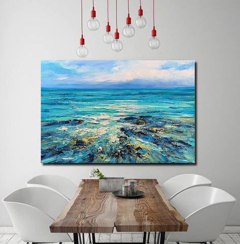 Abstract Landscape Paintings, Blue Sea Wave Painting, Landscape Canvas Paintings, Seascape Painting, Acrylic Paintings for Living Room, Hand Painted Canvas Art-Grace Painting Crafts
