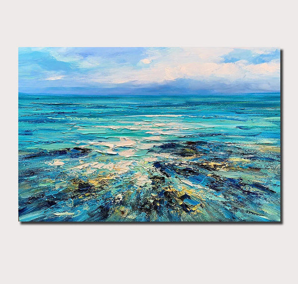 Abstract Landscape Paintings, Blue Sea Wave Painting, Landscape Canvas Paintings, Seascape Painting, Acrylic Paintings for Living Room, Hand Painted Canvas Art-Grace Painting Crafts