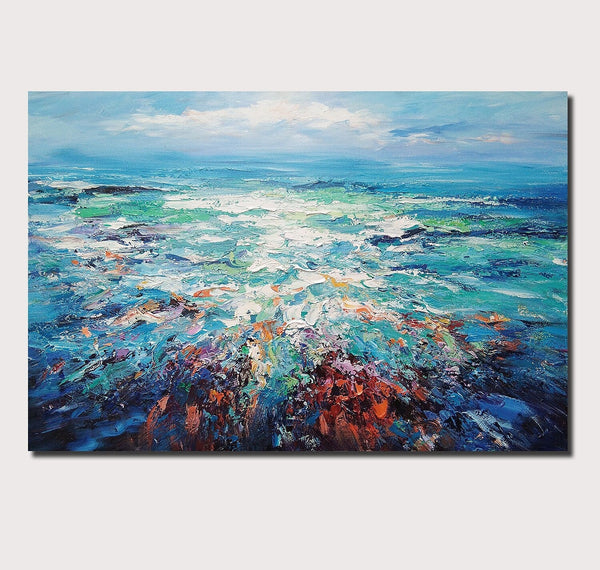 Landscape Canvas Paintings, Abstract Landscape Paintings, Blue Sea Wave Painting, Seascape Painting, Landscape Paintings for Living Room, Heavy Texture Canvas Art-Grace Painting Crafts