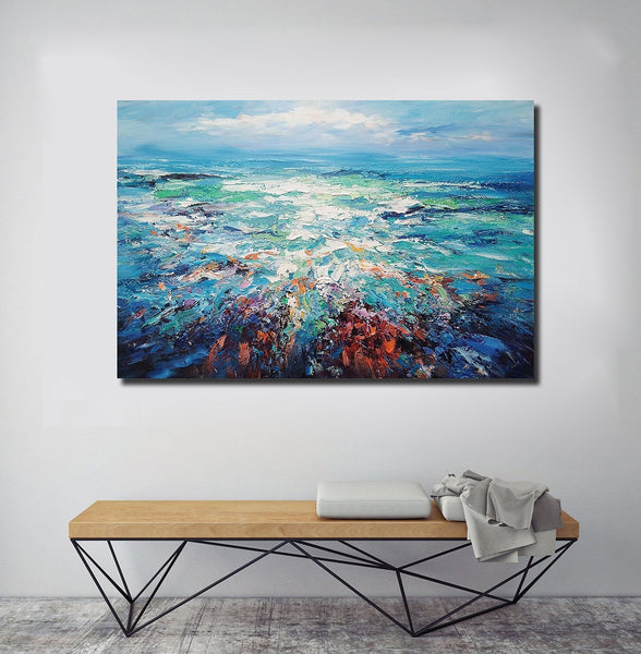 Landscape Canvas Paintings, Abstract Landscape Paintings, Blue Sea Wave Painting, Seascape Painting, Landscape Paintings for Living Room, Heavy Texture Canvas Art-Grace Painting Crafts