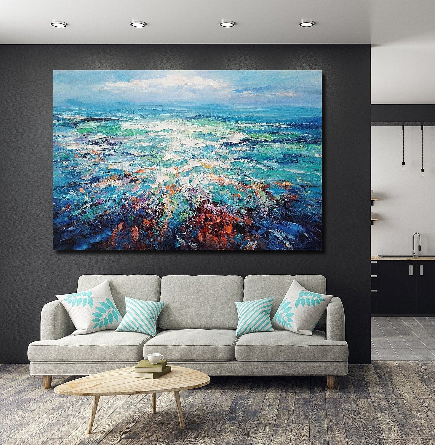 Landscape Canvas Paintings, Abstract Landscape Paintings, Blue Sea Wave Painting, Seascape Painting, Landscape Paintings for Living Room, Heavy Texture Canvas Art-Grace Painting Crafts