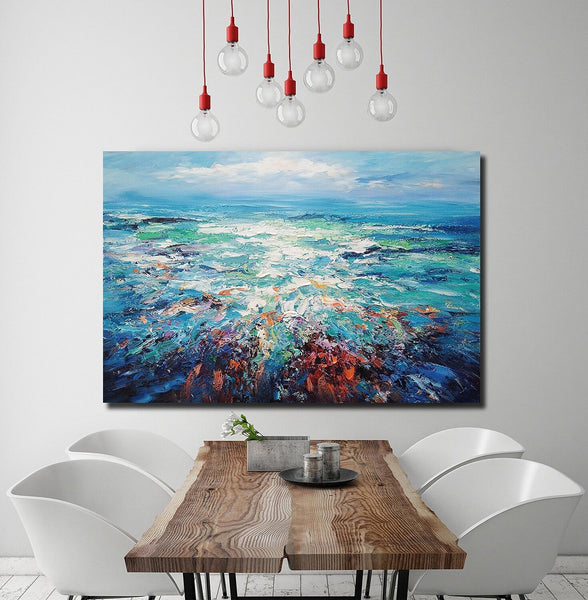 Landscape Canvas Paintings, Abstract Landscape Paintings, Blue Sea Wave Painting, Seascape Painting, Landscape Paintings for Living Room, Heavy Texture Canvas Art-Grace Painting Crafts