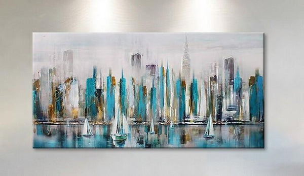 Sail Boat Painting, Cityscape Painting, Abstract Landscape Art, Wall Art Paintings, Simple Modern Paintings for Living Room-Grace Painting Crafts