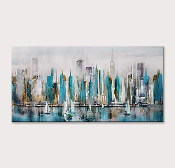 Sail Boat Painting, Cityscape Painting, Abstract Landscape Art, Wall Art Paintings, Simple Modern Paintings for Living Room-Grace Painting Crafts