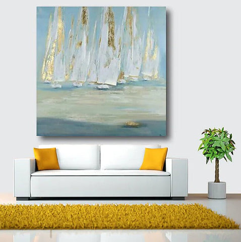 Easy Painting Ideas for Bedroom, Sail Boat Paintings, Acrylic Painting on Canvas, Large Acrylic Canvas Painting, Oversized Canvas Painting for Sale-Grace Painting Crafts