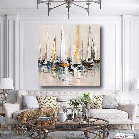 Acrylic Painting on Canvas, Simple Painting Ideas for Dining Room, Sail Boat Paintings, Modern Acrylic Canvas Painting, Oversized Canvas Painting for Sale-Grace Painting Crafts