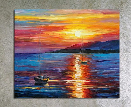 Boat Paintings, Simple Modern Art, Paintings for Living Room, Sunrise Painting, landscape Canvas Painting, Hand Painted Canvas Painting-Grace Painting Crafts