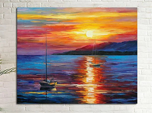 Boat Paintings, Simple Modern Art, Paintings for Living Room, Sunrise Painting, landscape Canvas Painting, Hand Painted Canvas Painting-Grace Painting Crafts
