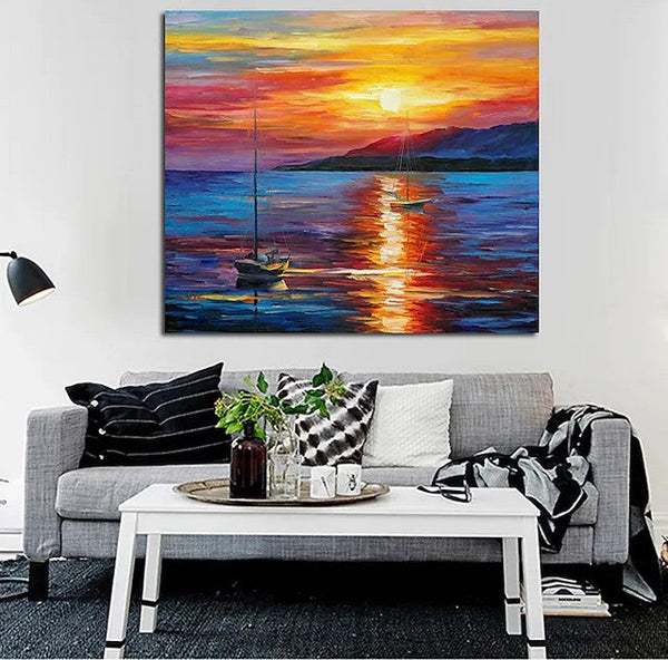 Boat Paintings, Simple Modern Art, Paintings for Living Room, Sunrise Painting, landscape Canvas Painting, Hand Painted Canvas Painting-Grace Painting Crafts