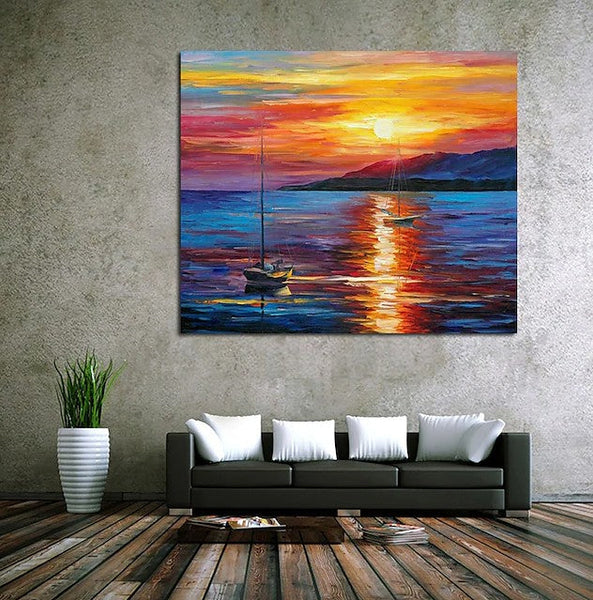 Boat Paintings, Simple Modern Art, Paintings for Living Room, Sunrise Painting, landscape Canvas Painting, Hand Painted Canvas Painting-Grace Painting Crafts