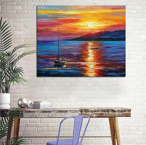 Boat Paintings, Simple Modern Art, Paintings for Living Room, Sunrise Painting, landscape Canvas Painting, Hand Painted Canvas Painting-Grace Painting Crafts