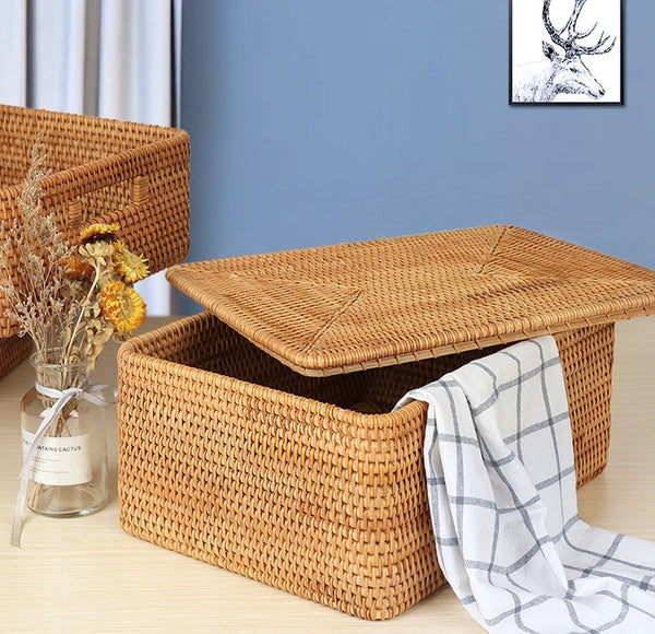 Woven Storage Baskets, Rectangular Storage Basket with Lid, Large Storage Basket for Clothes, Storage Baskets for Shelves, Kitchen Storage Baskets-Grace Painting Crafts