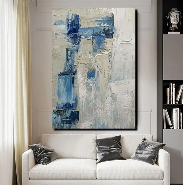 Simple Wall Art Ideas, Heavy Texture Painting, Blue Modern Abstract Painting, Bedroom Abstract Paintings, Large Acrylic Canvas Paintings-Grace Painting Crafts