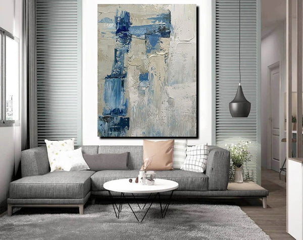 Simple Wall Art Ideas, Heavy Texture Painting, Blue Modern Abstract Painting, Bedroom Abstract Paintings, Large Acrylic Canvas Paintings-Grace Painting Crafts