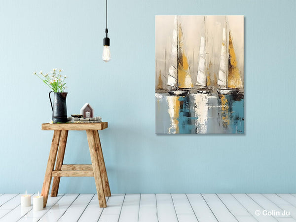 Large Painting Ideas for Living Room, Large Original Canvas Art for Bedroom, Sail Boat Canvas Painting, Modern Abstract Wall Art Paintings-Grace Painting Crafts