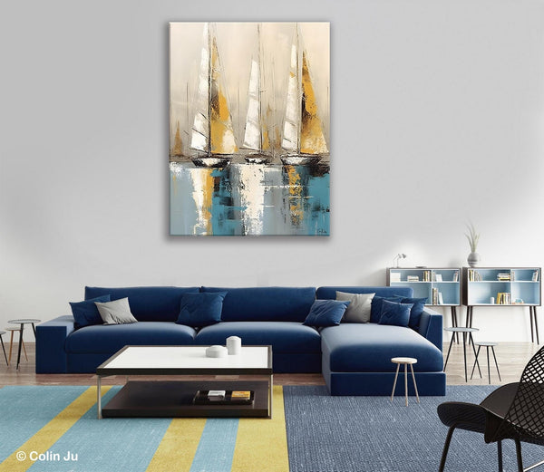 Large Painting Ideas for Living Room, Large Original Canvas Art for Bedroom, Sail Boat Canvas Painting, Modern Abstract Wall Art Paintings-Grace Painting Crafts