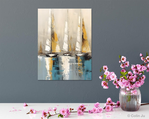 Large Painting Ideas for Living Room, Large Original Canvas Art for Bedroom, Sail Boat Canvas Painting, Modern Abstract Wall Art Paintings-Grace Painting Crafts