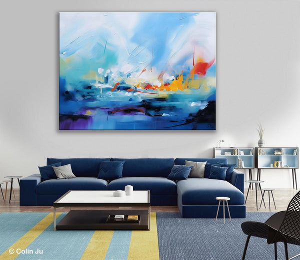 Hand Painted Canvas Art, Blue Original Wall Art Painting for Bedroom, Extra Large Modern Canvas Paintings, Acrylic Paintings on Canvas-Grace Painting Crafts