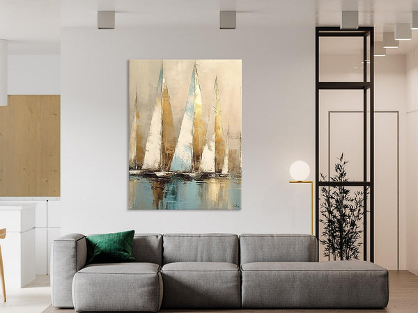 Sail Boat Abstract Painting, Landscape Canvas Paintings for Dining Room, Acrylic Painting on Canvas, Original Landscape Abstract Painting-Grace Painting Crafts