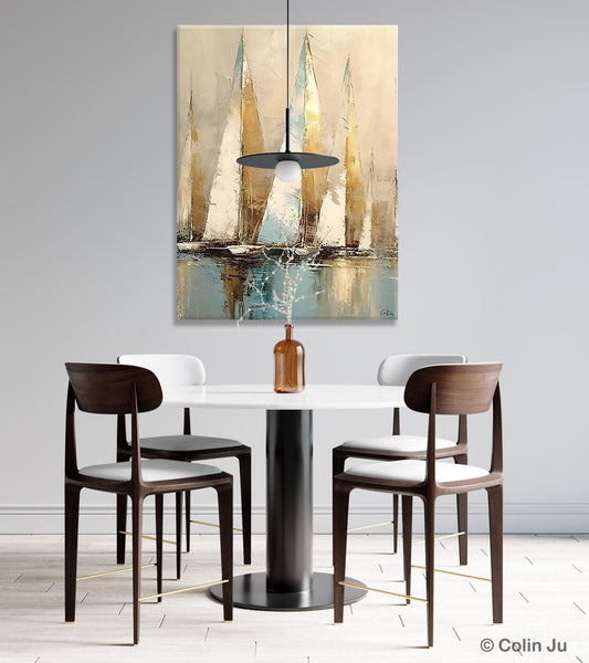 Sail Boat Abstract Painting, Landscape Canvas Paintings for Dining Room, Acrylic Painting on Canvas, Original Landscape Abstract Painting-Grace Painting Crafts