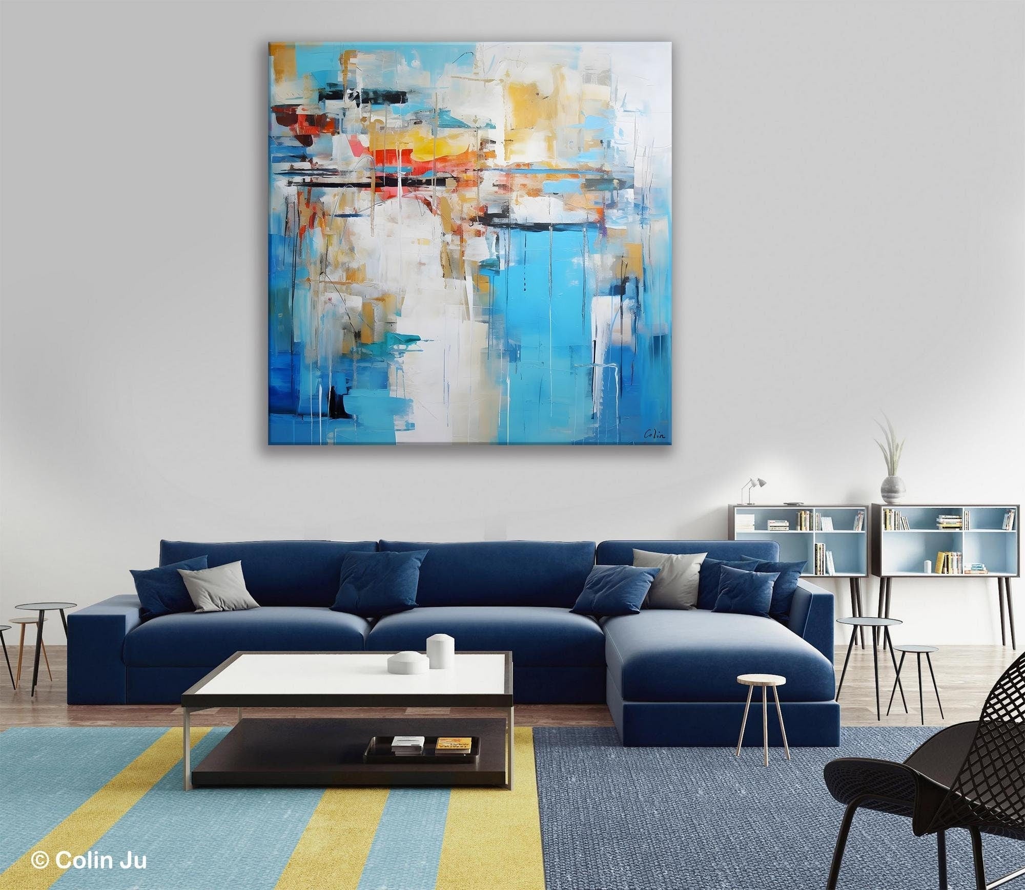 Blue Abstract Painting for Bedroom, Original Modern Wall Paintings, Contemporary Canvas Art, Modern Acrylic Artwork, Buy Paintings Online-Grace Painting Crafts