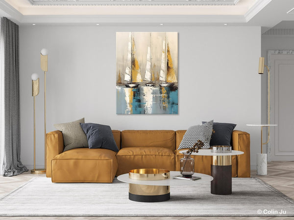 Large Painting Ideas for Living Room, Large Original Canvas Art for Bedroom, Sail Boat Canvas Painting, Modern Abstract Wall Art Paintings-Grace Painting Crafts
