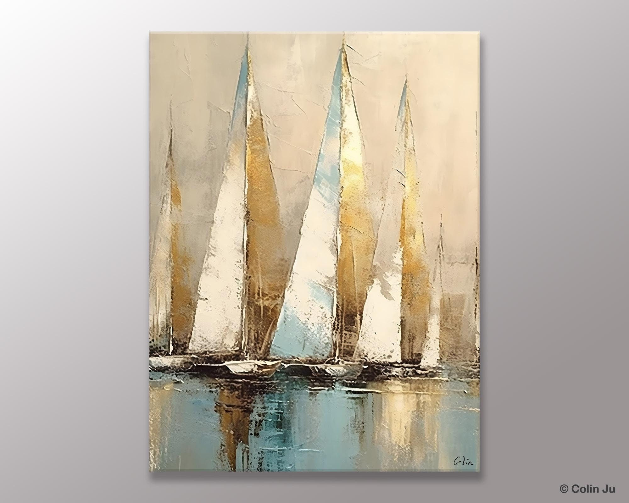 Sail Boat Abstract Painting, Landscape Canvas Paintings for Dining Room, Acrylic Painting on Canvas, Original Landscape Abstract Painting-Grace Painting Crafts