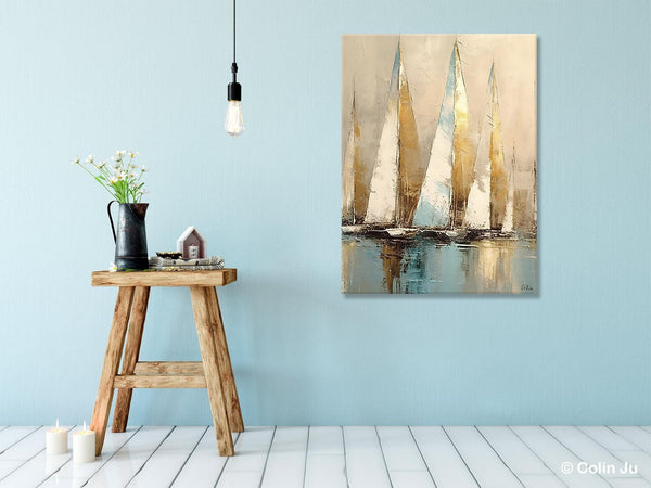 Sail Boat Abstract Painting, Landscape Canvas Paintings for Dining Room, Acrylic Painting on Canvas, Original Landscape Abstract Painting-Grace Painting Crafts