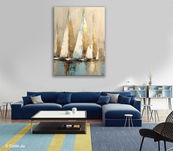 Sail Boat Abstract Painting, Landscape Canvas Paintings for Dining Room, Acrylic Painting on Canvas, Original Landscape Abstract Painting-Grace Painting Crafts