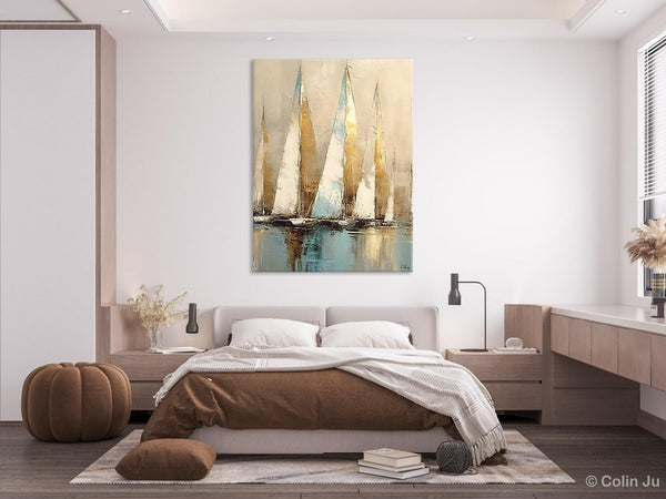 Sail Boat Abstract Painting, Landscape Canvas Paintings for Dining Room, Acrylic Painting on Canvas, Original Landscape Abstract Painting-Grace Painting Crafts