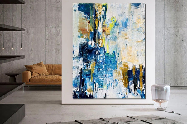 Living Room Abstract Paintings, Blue Modern Abstract Painting, Large Acrylic Canvas Paintings, Large Wall Art Ideas, Impasto Painting-Grace Painting Crafts