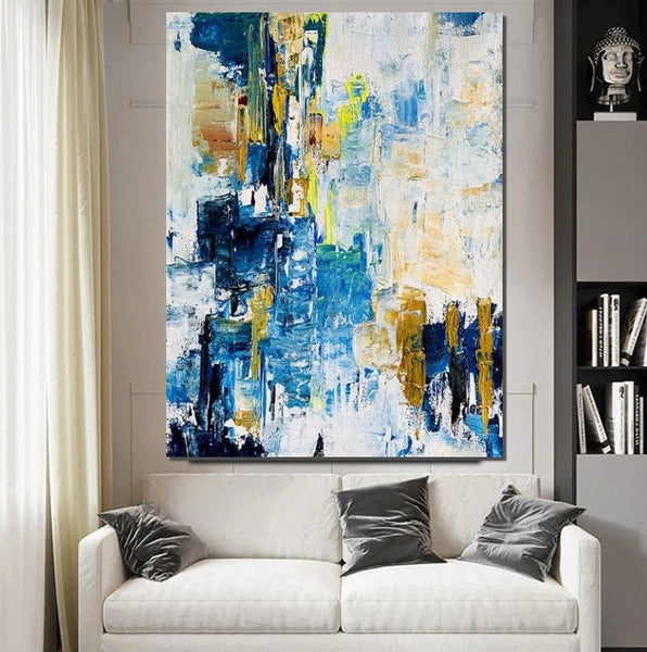 Living Room Abstract Paintings, Blue Modern Abstract Painting, Large Acrylic Canvas Paintings, Large Wall Art Ideas, Impasto Painting-Grace Painting Crafts