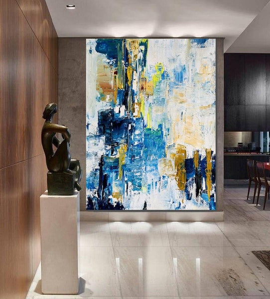 Living Room Abstract Paintings, Blue Modern Abstract Painting, Large Acrylic Canvas Paintings, Large Wall Art Ideas, Impasto Painting-Grace Painting Crafts