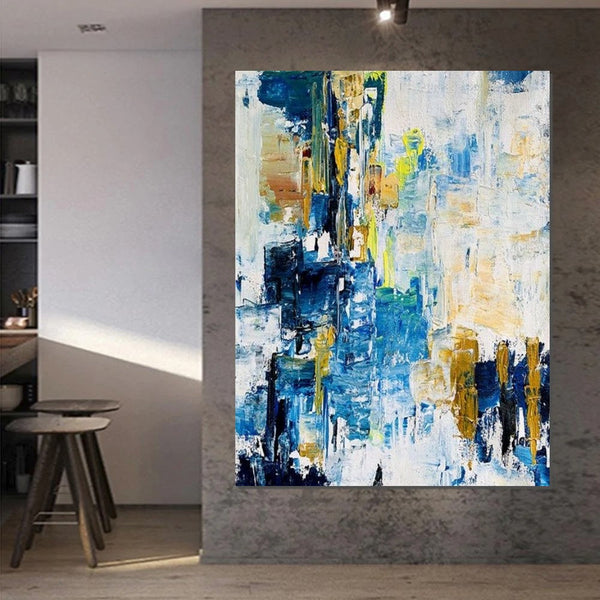 Living Room Abstract Paintings, Blue Modern Abstract Painting, Large Acrylic Canvas Paintings, Large Wall Art Ideas, Impasto Painting-Grace Painting Crafts