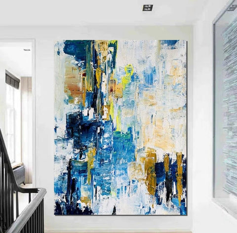 Living Room Abstract Paintings, Blue Modern Abstract Painting, Large Acrylic Canvas Paintings, Large Wall Art Ideas, Impasto Painting-Grace Painting Crafts