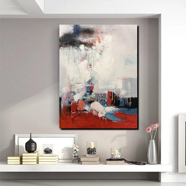 Simple Wall Art Ideas, Red Modern Abstract Painting, Dining Room Abstract Paintings, Buy Art Online, Large Acrylic Canvas Paintings-Grace Painting Crafts